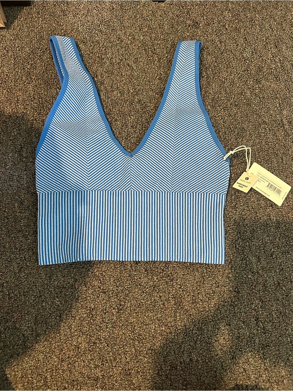 Striped Blue V-Neck Seamless Crop Bodysuit Top